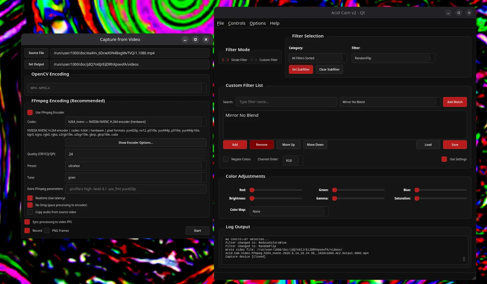 Acid Cam on Linux processing a video with FFmpeg encoding controls