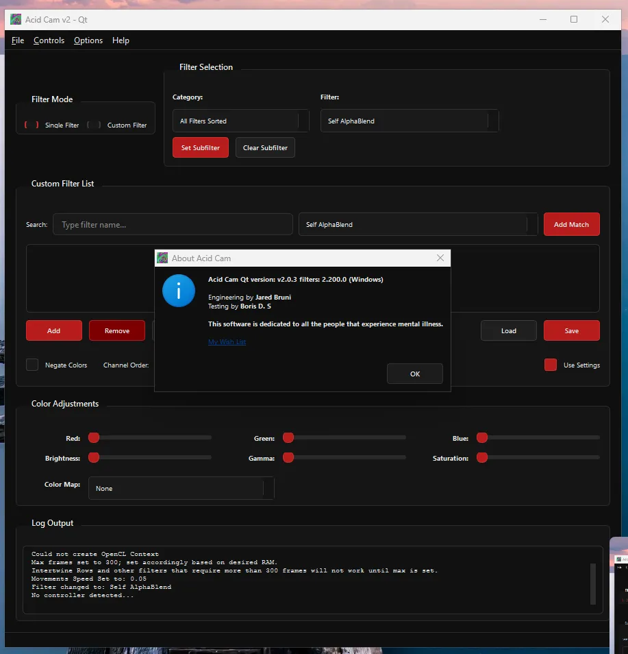 Acid Cam filter selection and color controls running on Windows