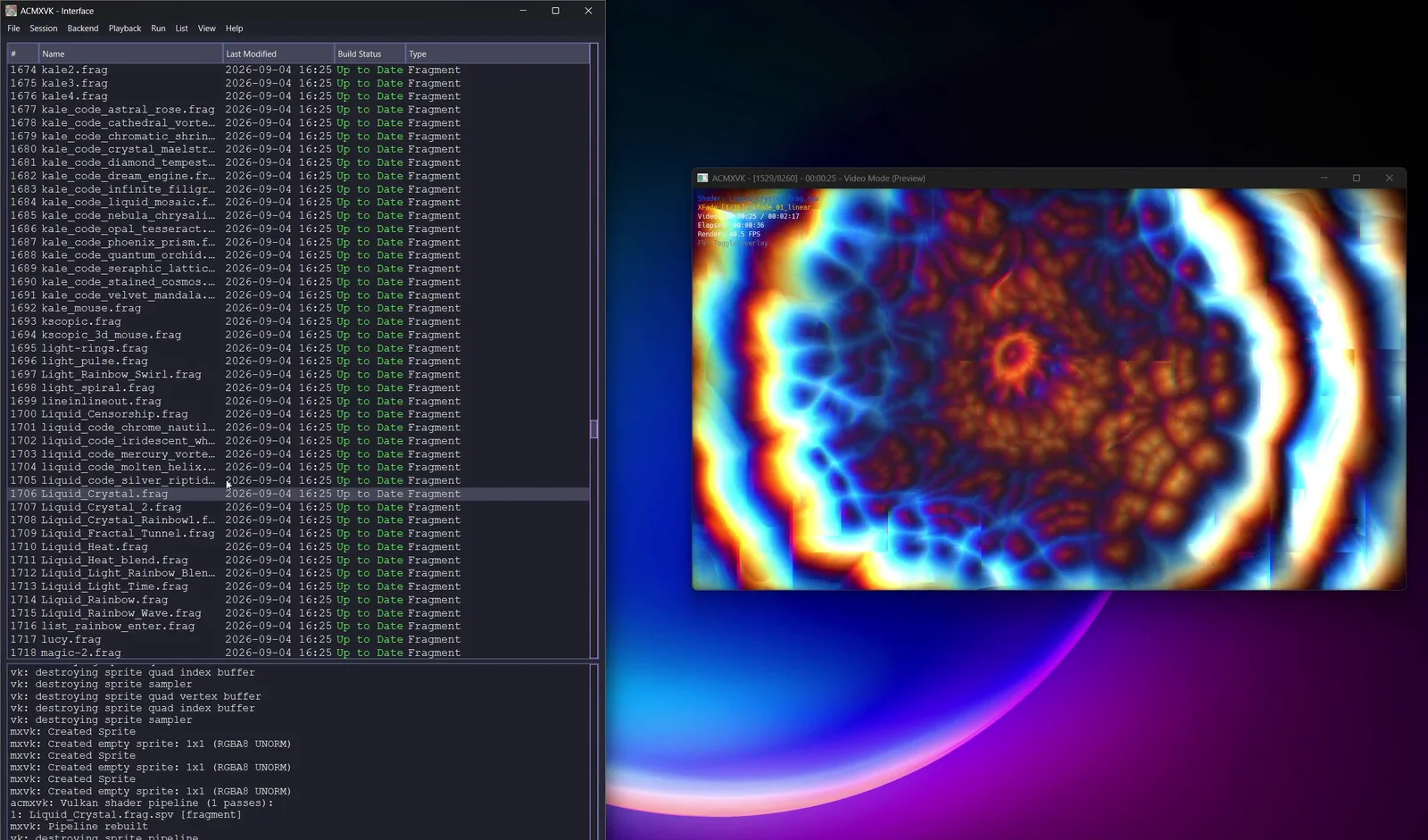 ACMXVK interface beside a colorful live Vulkan shader preview on Windows