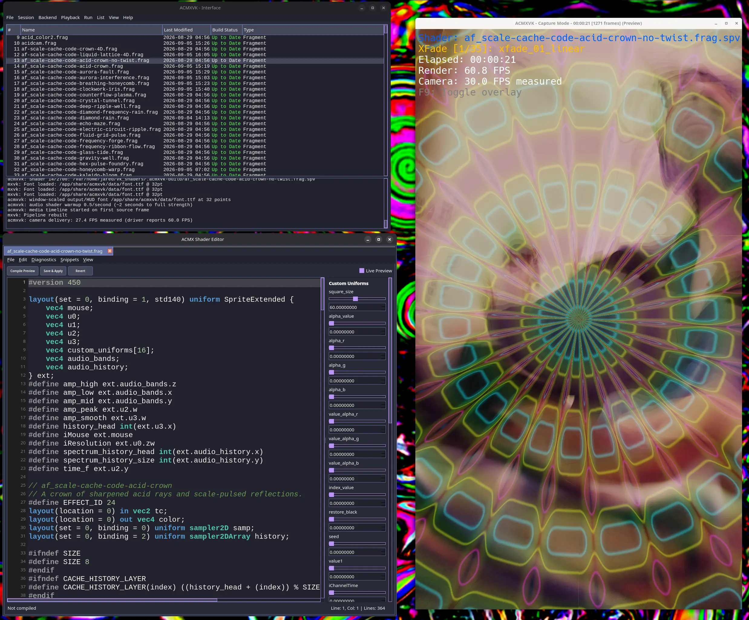 ACMX running its Vulkan backend with a shader library, source editor, and processed video preview