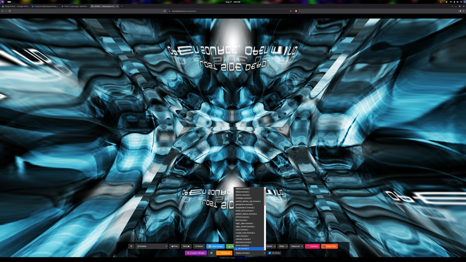 ACMX2 displaying a blue mirrored abstract composition while the 3D model menu is open