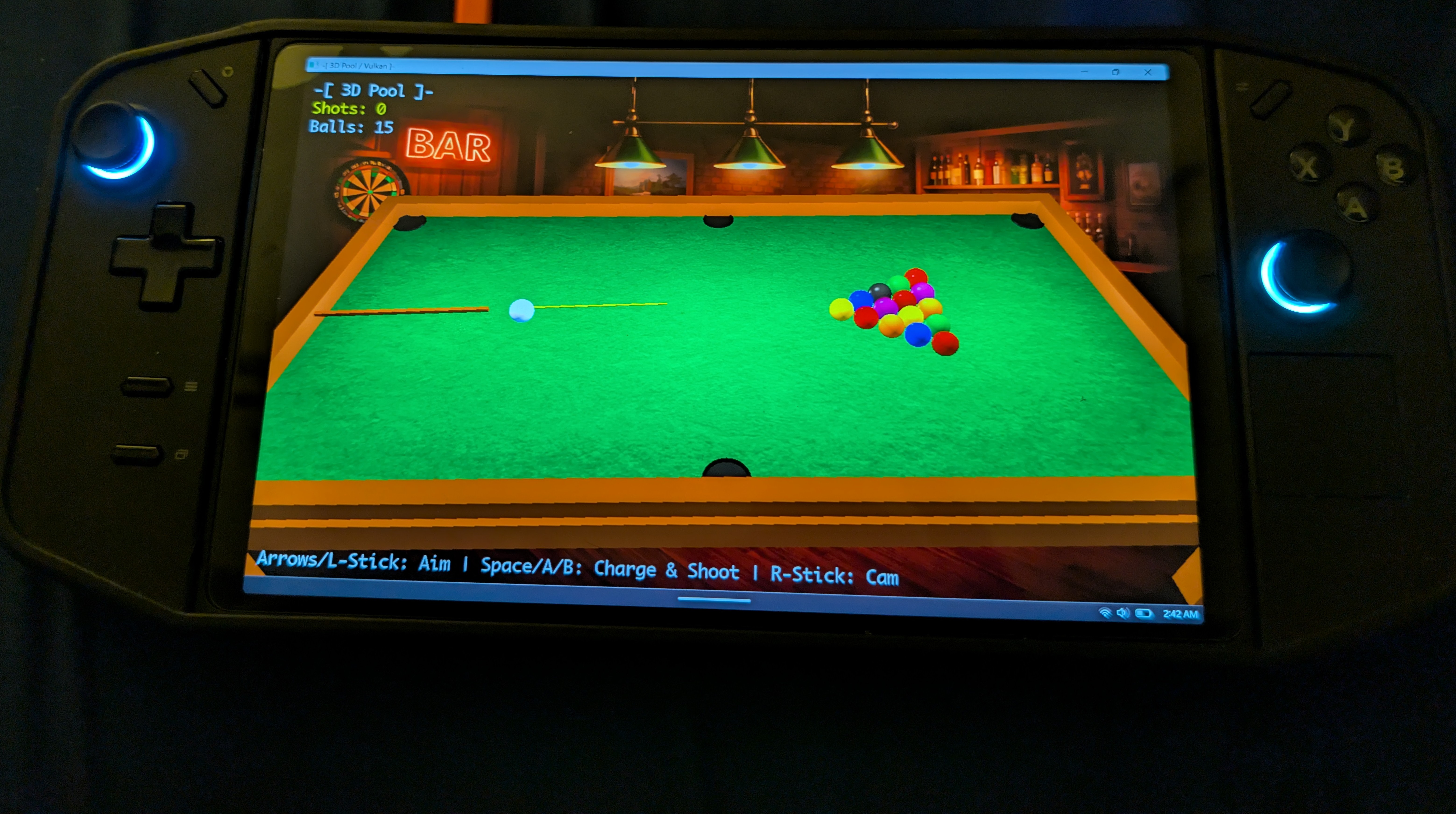 3D Pool gameplay screenshot showing the table, cue stick, and billiard balls rendered with Vulkan